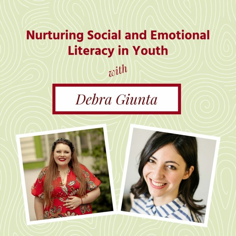Two side-by-side headshots, from left: A white woman in a red dress with a black headband and a white woman with black hair smiling against a blurred gray background. Above their photos is red text reading "Nurturing Social and Emotional Literacy in Youth."