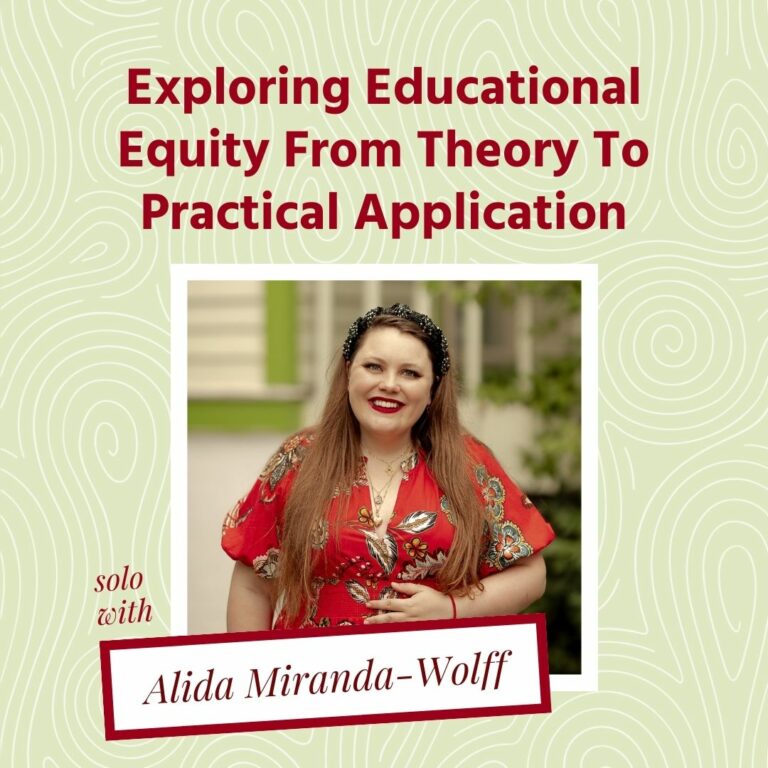 A white woman in a red dress with a black headband and a White man with glasses against a purple background with red text above them reading "Exploring Educational Equity from Theory to Practical Application."