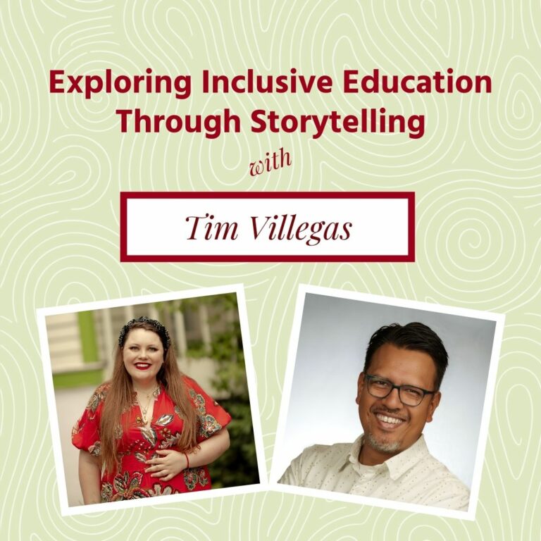 Two side-by-side headshots, from left: A white woman in a red dress with a black headband and a smiling man wearing glasses and a white shirt against a neutral background with the words "Exploring Inclusive Education Through Storytelling" above them.