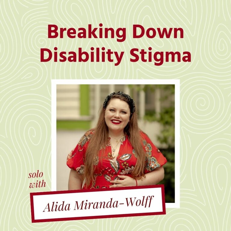 A white woman in a red dress with a black headband and a White man with glasses against a purple background with red text above them reading "Breaking Down Disability Stigma."
