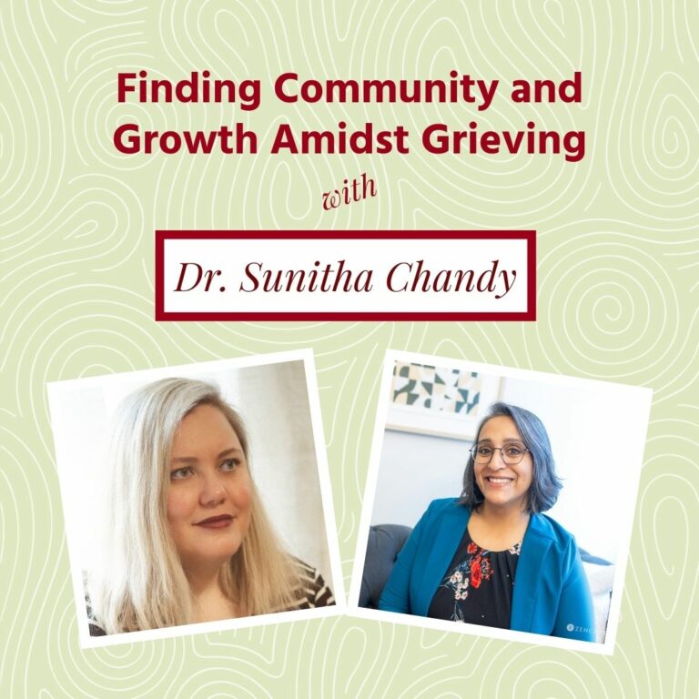 Two side-by-side headshots, from left: A white woman with platinum blonde hair staring into the distance and a smiling South Asian woman with glasses against an office background with the words "Finding Community and Growth Amidst Grieving" above them.