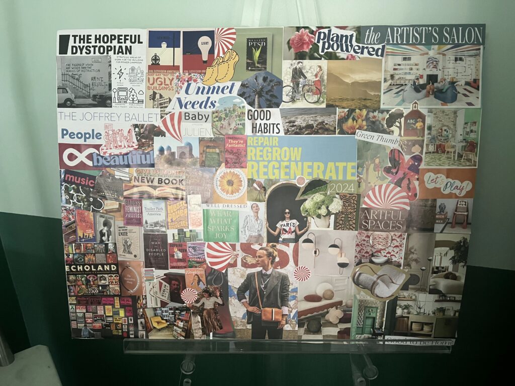 Alida Miranda-Wolff's 2024 vision board collage with cut up photos from various magazines and catalogs. At the very center of the vision board are three words: repair, regrow, regenerate.